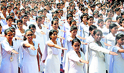 Students of Government Girls Senior Secondary school take a pledge to maintain cleanliness in Gurgaon on Sunday