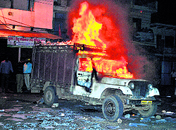 The jeep that was set afire in Rewari on Saturday