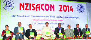 Participants release a brochure during the three-day north zone conference of the Indian Society of Anaesthesiologists in Jammu.
