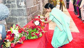 External Affairs Minister Sushma Sawraj at Apravasi Ghat to honour the girmitiyas who were first brought as indentured labour from India to Mauritius, at Port Louis on Sunday.