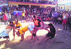 kabaddi players engaged in a keen contest during a rural sports and cultural meet near Mussoorie on Sunday