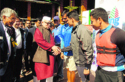 Governor Aziz Qureshi being introduced to the players on the concluding day of the Governors Gold Cup Regatta in Nainital on Sunday