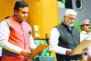 Youngest MLA Sukhwinder Sheoran takes oath in the Assembly on Monday.