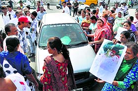 Relatives of the deceased protest in Ludhiana on Monday. 