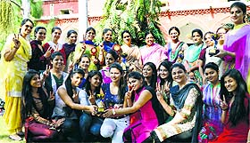 Students of the Khalsa College for Women in a cheerful mood after excelling in the Inter-Zonal Youth Festival held at DAV College in Chandigarh.
