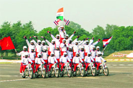 A spectacular show of discipline, courage and strength by the Shwet Ashva (White Horse) team at Bathinda Military Station on Tuesday. 