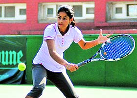 Seerat in action during a tennis match of the CLTA-AITA Talent Series (TS-7) Tennis Tournament at the CLTA courts in Sector 10, Chandigarh, on Tuesday. 