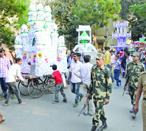 Muslim devotees take out a Muharram procession amid tight security in the riot-affected Trilokpuri area in East Delhi on Tuesday. 