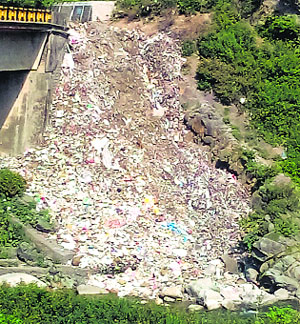 Despite a ban, debris are being dumped on the roadside in Palampur.