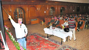 Cristoph Lienav, keynote speaker from Germany, during an international conference on condensed matter physics-2014 in Shimla on Tuesday.