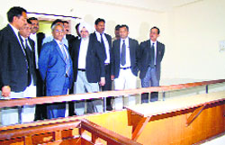 Justice M Jeyapaul (third from left) inspects the SDM office at Indri of Karnal district on Tuesday. 