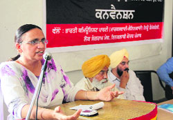 A representative of CPI (ML) addresses a convention against Public Private Property Damage Bill 2014 at Desh Bhagat Yadgar Hall in Jalandhar on Tuesday.