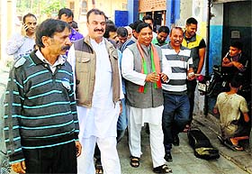 Sat Sharma, BJP candidate for the Jammu (West) Assembly constituency, tours Ward 35 in Jammu on Tuesday