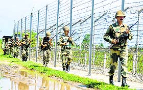 BSF personnel patrol the international border in the Akhnoor subdivision.