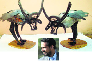 Harminder Boparai (inset) used scrap to make the sculptor.