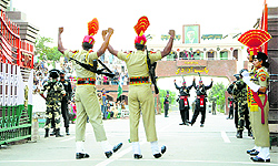 BSF jawans and Pakistan Rangers at the retreat ceremony at the Attari-Wagah joint check post on Tuesday