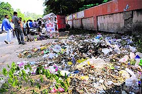 Garbage lying near the boundary wall of the District Administrative Complex in Bathinda on Wednesday.