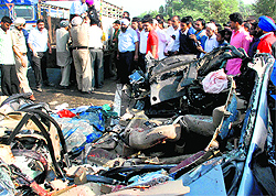 The mangled remains of the Honda City car that met with an accident near Dera Bassi on the Ambala-Chandigarh highway