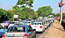 Vehicles stuck in a snarl-up at the entrance to Chandigarh on Wednesday