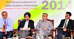 Dr Vivek Lal, head of the department of neurology, PGI, Dr JS Chopra and Dr S Prabhakar, former heads, and Dr Manish Modi, assistant professor, at a press conference in Sector 10, Chandigarh, on Wednesday