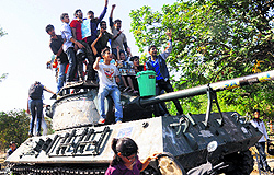 Students atop a tank during a roadshow in Sector 10, Chandigarh