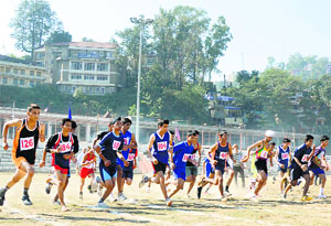 Students take part in a race during the state-level athletics meet of DAV schools in Mandi on Wednesday. 