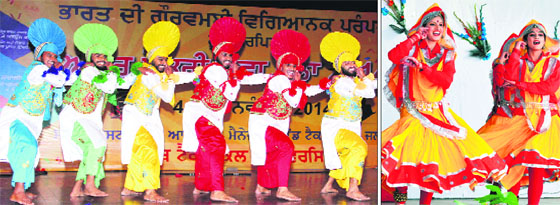 Students perform bhangra during the second day of the PTU Inter-Zonal Youth Fest at CT Group of Institutions; and (right) students of SD College present a cultural programme during a function in Jalandhar on Wednesday.