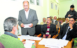 Congress candidate Usman Majeed files his papers in Bandipora district on Wednesday