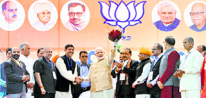 A file photograph of Prime Minister Narendra Modi along with other party leaders during a rally in the Jammu region