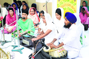 Students recite shabad at the Sidhwan Educational Institutions campus near Jagraon on Wednesday.