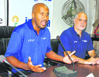 NBA legend Bruce Bowen addresses mediapersons at Guru Nanak Stadium on Wednesday.
