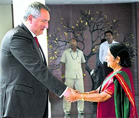 External Affairs Minister Sushma Swaraj greets Russian Deputy PM Dmitry Rogozin in New Delhi on Wednesday.