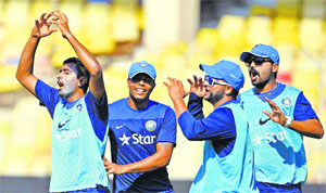 The Indian players during a practice session at the Sardar Patel Stadium in Ahmedabad on Wednesday.