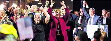 Republican supporters celebrate as results of the midterm elections pour in at Manchester in New Hampshire; and US Senator-elect Cory Gardner with friends and family behind him after being declared the winner in the race at the Colorado Republican partys election event at the Denver Tech Center.