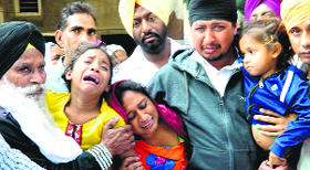 Relatives of the Army jawan who was killed in Imphal during his cremation in Talwandi Sabo on Thursday.