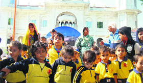Students of SMD Little Champ Smart School at Gurdwara Nada Sahib on Thursday.