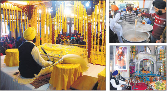 (Clockwise from top) Devotees pray at a Sikh shrine in Shimla on the occasion of Guru Nanak Jayanti; devotees make tea for distribution outside the local Gurudawara; ragis perform kirtan at a historical gurdwara in Mandi; devotees donate blood at another shrine; fireworks at the historical Gurudwara Guru Govind Singh light up the sky on the occasion of Guru Nanak Dev Jayanti in Mandi on Thursday.