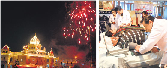(Clockwise from top) Devotees pray at a Sikh shrine in Shimla on the occasion of Guru Nanak Jayanti; devotees make tea for distribution outside the local Gurudawara; ragis perform kirtan at a historical gurdwara in Mandi; devotees donate blood at another shrine; fireworks at the historical Gurudwara Guru Govind Singh light up the sky on the occasion of Guru Nanak Dev Jayanti in Mandi on Thursday.