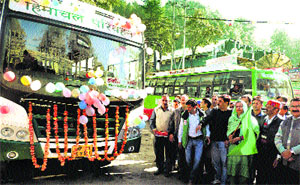 Dalhousie MLA Asha Kumari flags off the direct HRTC bus from Dalhousie to Bharmour in Dalhousie on Thursday.