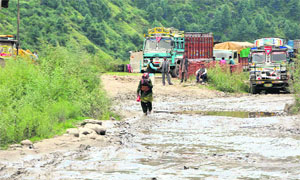 A woman scared to walk on a potholed road at Mendali on the Rohru-Hatkoti stretch in Shimla district.