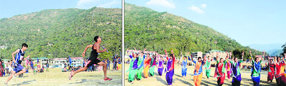 (Left) Runners in action during the final of an athletics meet; and (right) girl students perform giddha during the closing ceremony