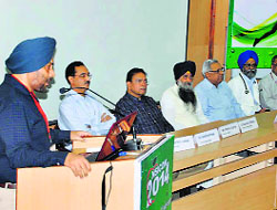 Organising secretary of the 46th Annual National Conference of Nutrition Society of India Dr Rajoo Singh Chhina addresses a conference in Ludhiana on Thursday.
