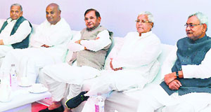 (From left) SP chief Mulayam Singh Yadav, JD-S supremo HD Deve Gowda, JD-U president Sharad Yadav, RJD chief Lalu Prasad Yadav and JD-U leader Nitish Kumar during a meeting in New Delhi on Thursday.