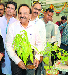 Union Health Minister Dr Harsh Vardhan holds a plant at the Aarogya Expo-2014 in New Delhi on Thursday.