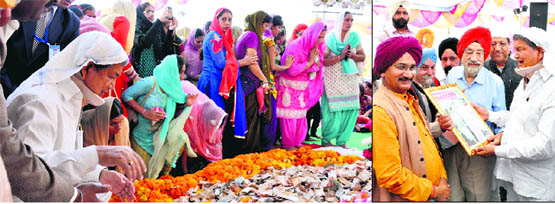Chief Minister Harish Rawat offers prayers at the Race Course gurdwara; and (right) Sikh community members present a memento to Rawat in Dehradun on Thursday