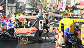 A traffic jam due to unregulated movement of vehicles on a road in Amritsar on Wednesday.
