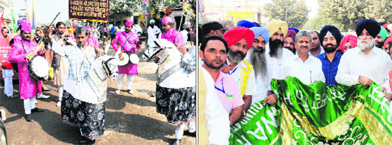 Artistes from Delhi perform during the Virasat Mela procession; and (right) Chief Parliamentary Secretary Sarup Chand Singla and others offer chadar at the Haji Ratan dargah in Bathinda on Friday.
