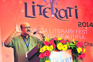 Senior journalist Shekhar Gupta addresses the gathering at the Literati-2014 at Lake Club on Friday. 