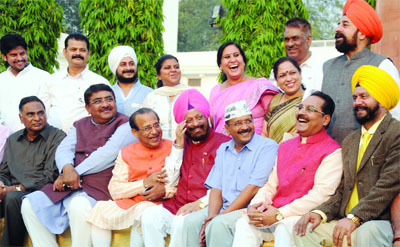 Delhi Assembly speaker MS Dhir, former Chief Minister Arvind Kejriwal and the MLAs of the 5th Legislative Assembly during a photo session at Vidhan Sabha, Old Secretariat, on Friday.