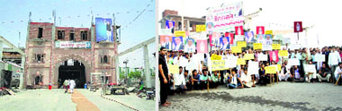 Followers of Rampal gather outside his Barwala-based ashram in Hisar on Friday. Photo: Manoj Dhaka